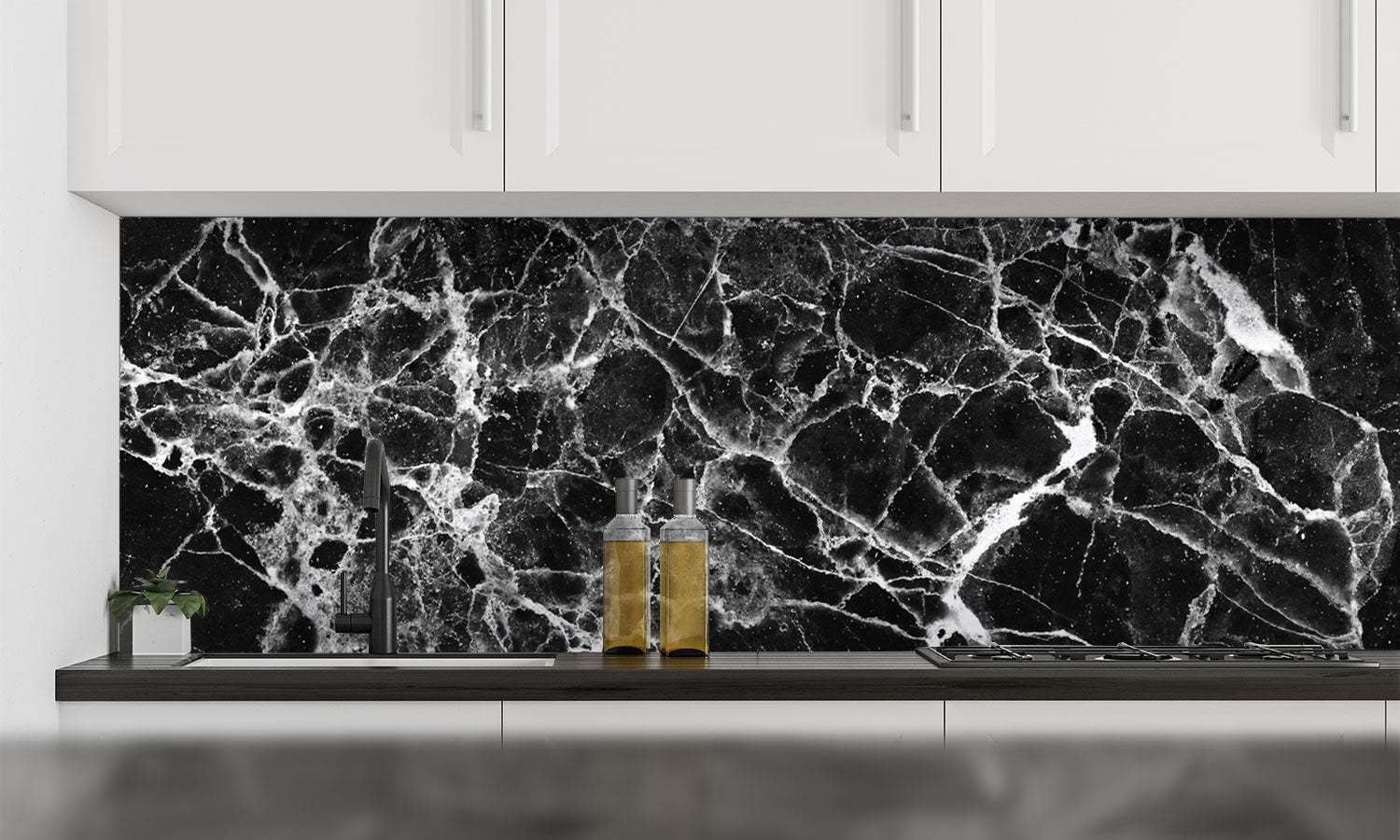 Kuhinjski paneli   Marble black  white tone - Stekleni / PVC plošče / Pleksi steklo - s tiskom za kuhinjo, Stenske obloge PKU064 - Life-decor.si