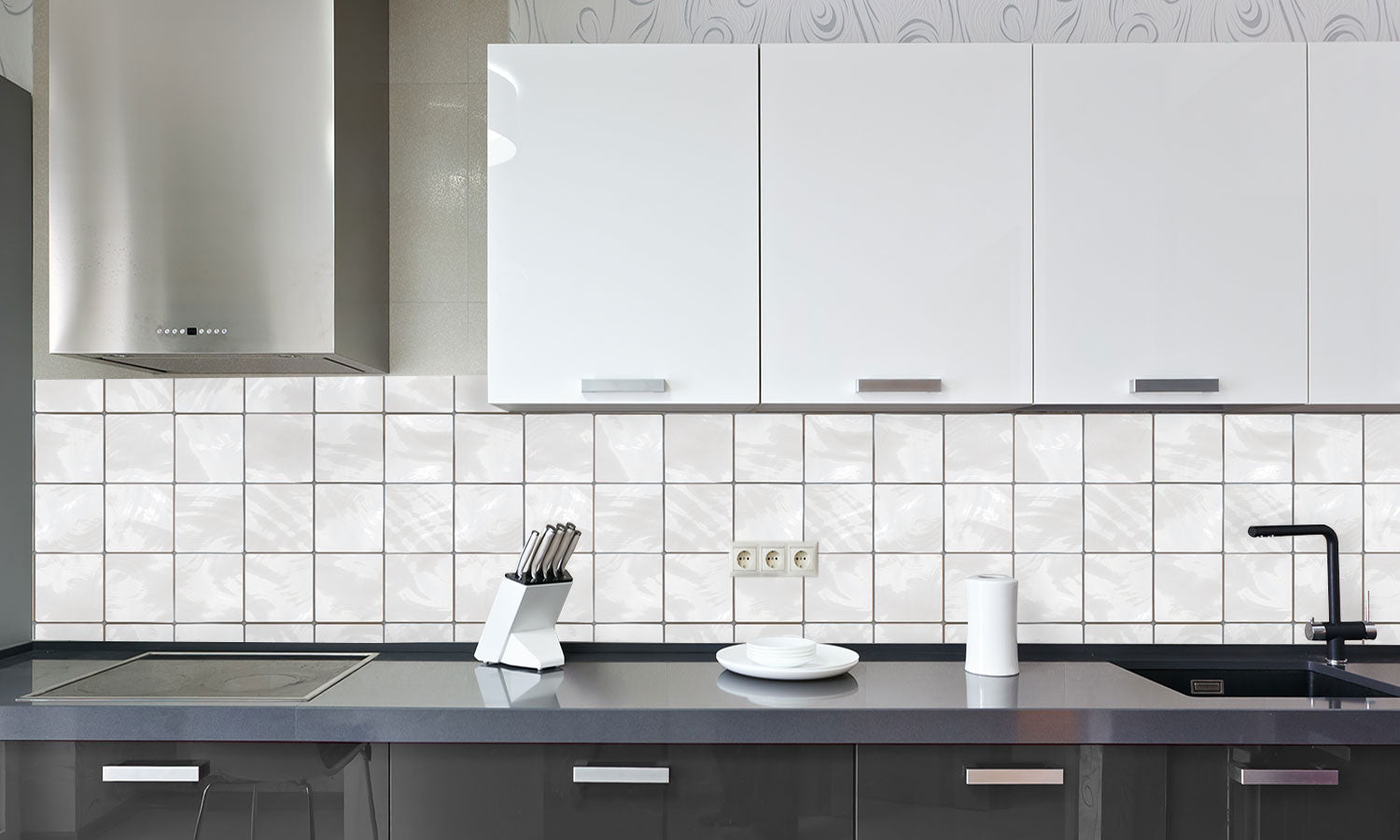 Kuhinjski paneli Shiny white tiles - Pleksi steklo - s tiskom za kuhinjo, Stenske obloge PKU092