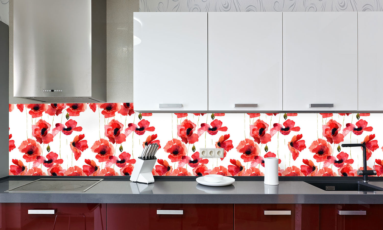 Kuhinjski paneli Stylized Poppy flowers - Pleksi steklo - s tiskom za kuhinjo, Stenske obloge PKU0119