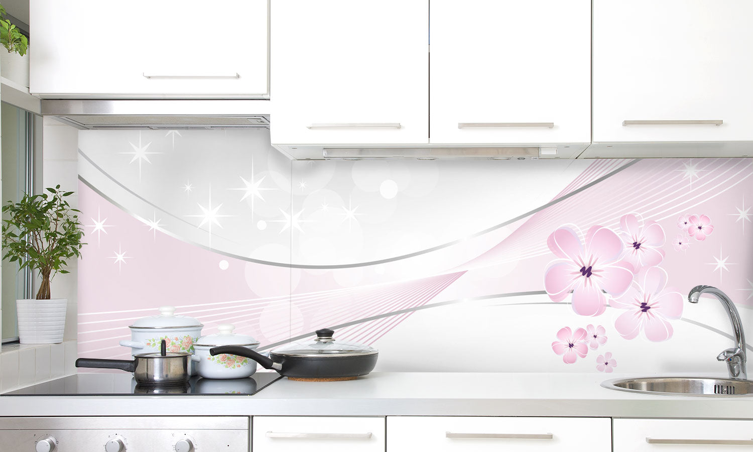 Kuhinjski paneli White and pink floral design - Pleksi steklo - s tiskom za kuhinjo, Stenske obloge PKU0158