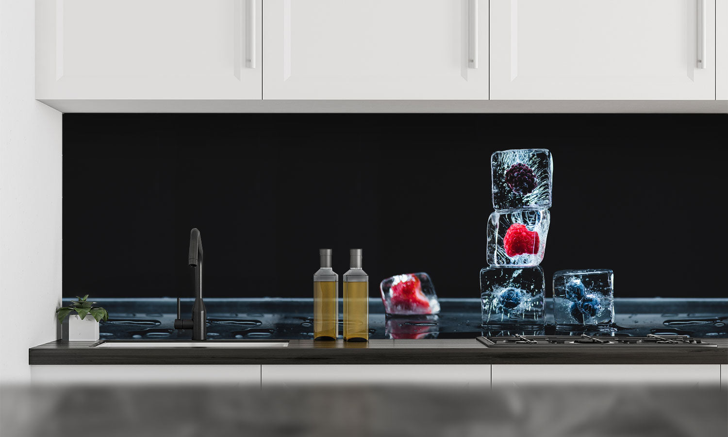Kuhinjski paneli Frozen fruits in ice cubes - Pleksi steklo - s tiskom za kuhinjo, Stenske obloge PKU0164