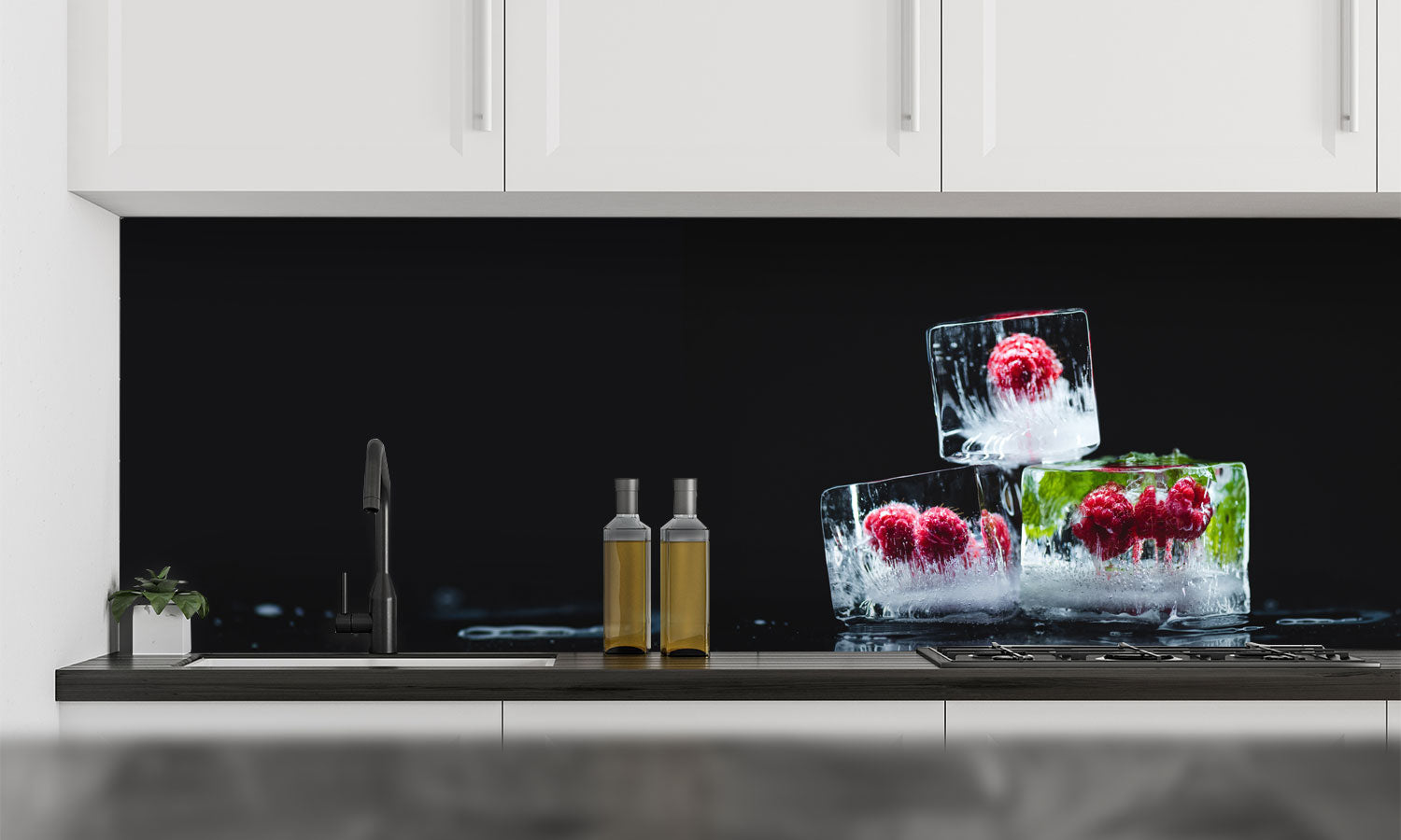 Kuhinjski paneli Raspberries frozen in ice cubes - Pleksi steklo - s tiskom za kuhinjo, Stenske obloge PKU0165