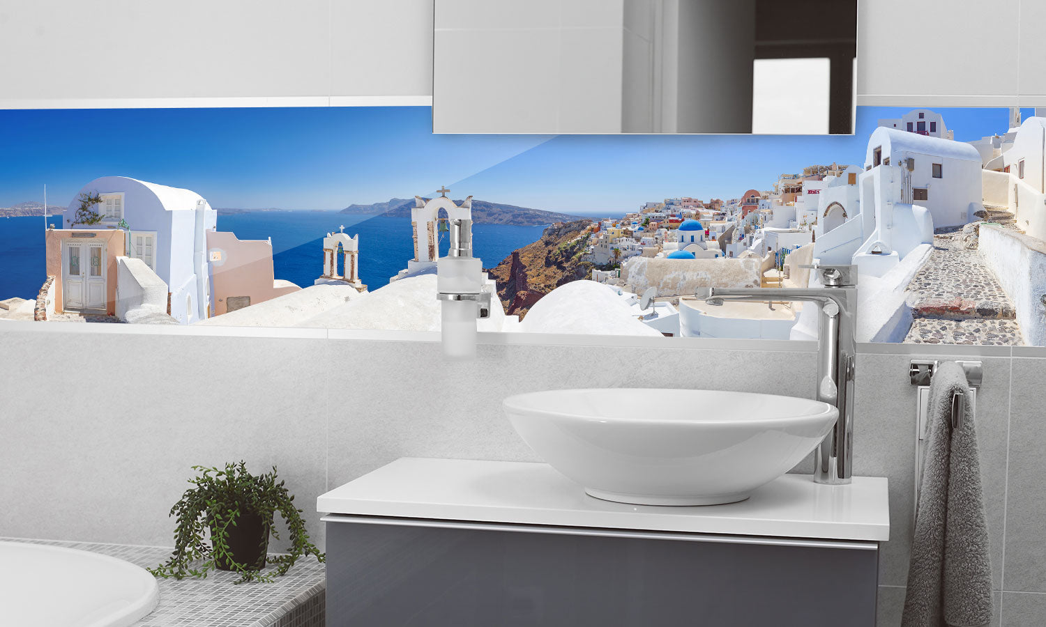 Kuhinjski paneli Santorini island - Pleksi steklo - s tiskom za kuhinjo, Stenske obloge PKU0220