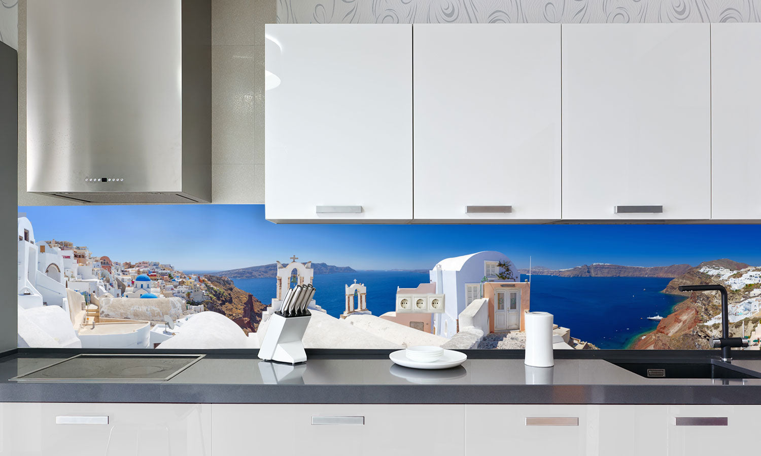 Kuhinjski paneli Santorini island - Pleksi steklo - s tiskom za kuhinjo, Stenske obloge PKU0220