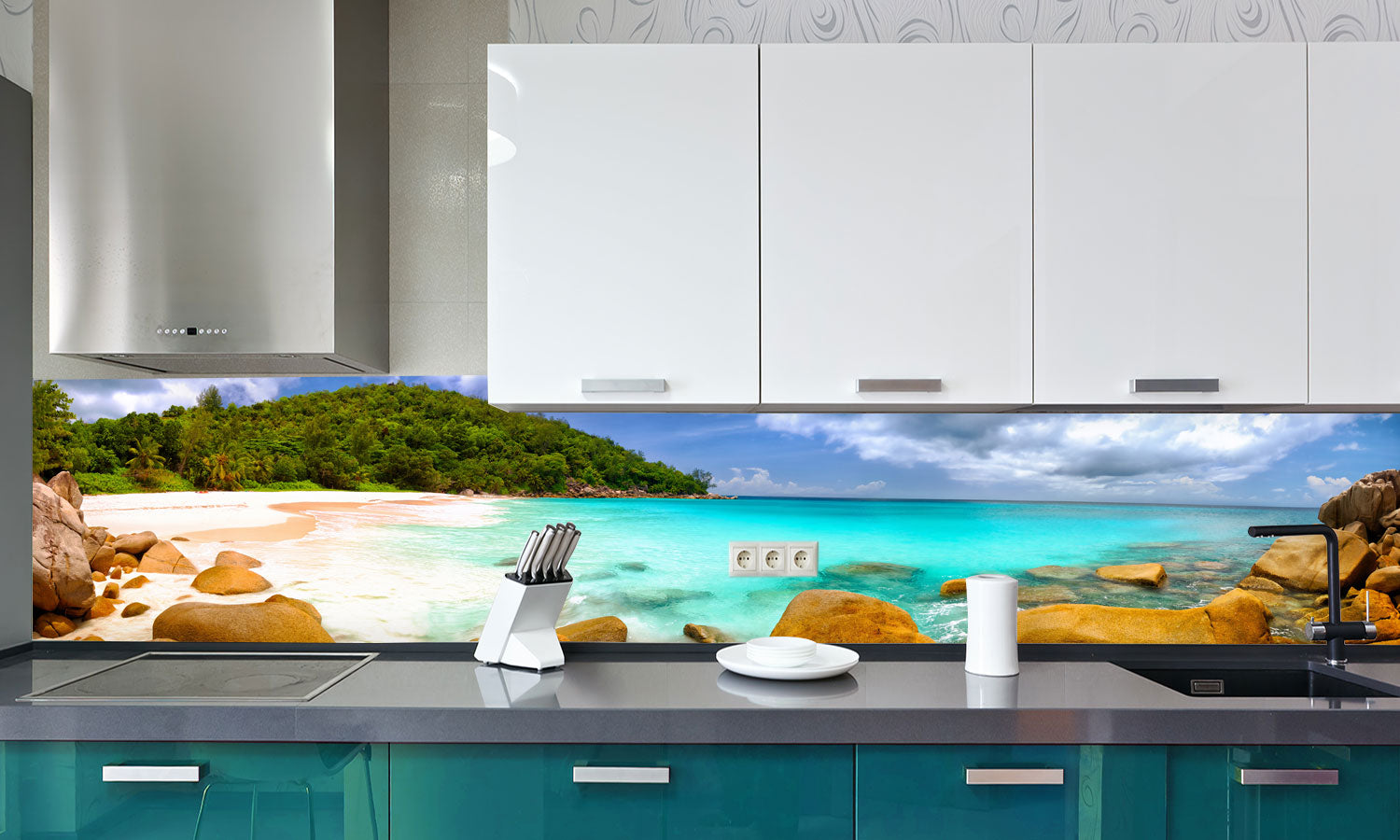Kuhinjski paneli Seychelles beach panorama - Pleksi steklo - s tiskom za kuhinjo, Stenske obloge PKU0224