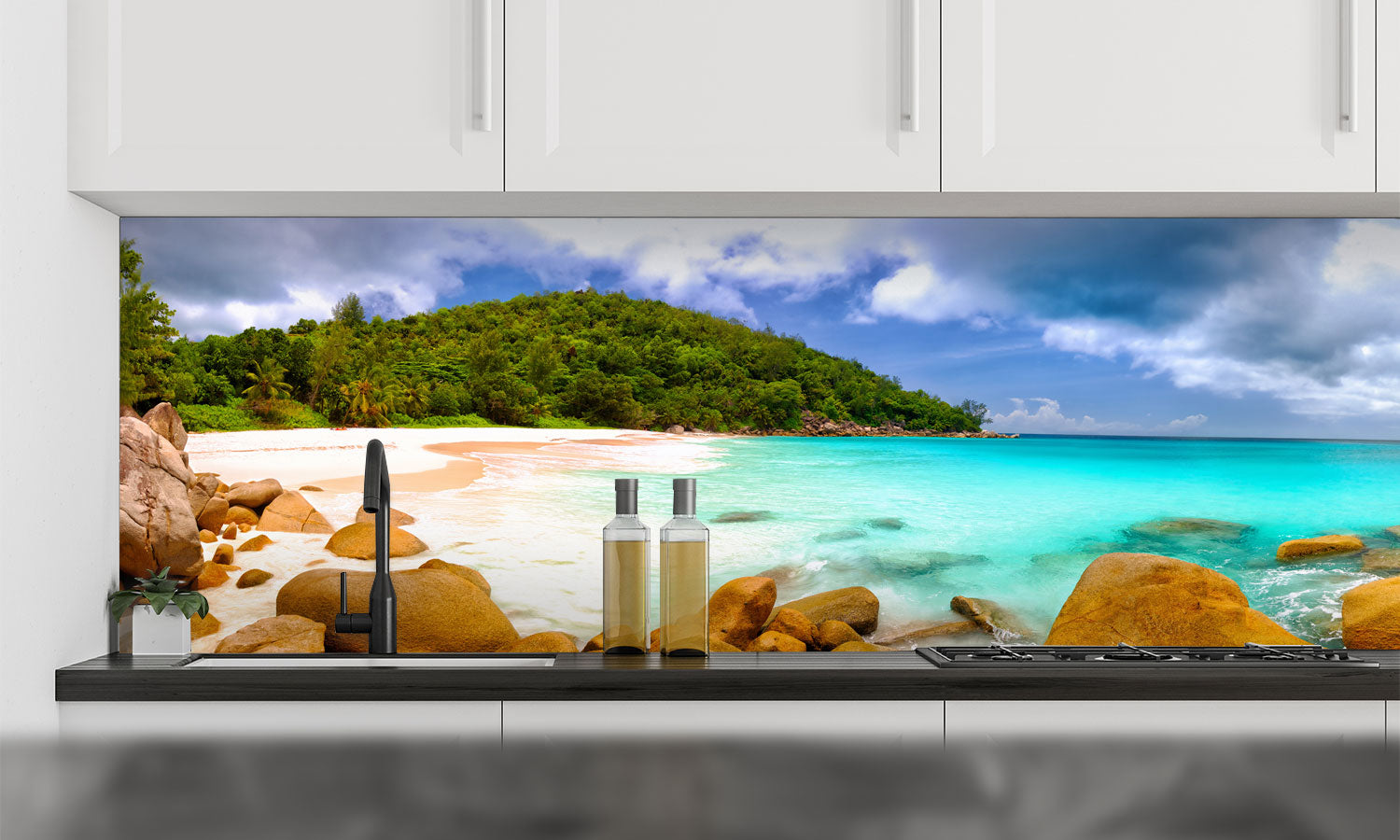 Kuhinjski paneli Seychelles beach panorama - Pleksi steklo - s tiskom za kuhinjo, Stenske obloge PKU0224