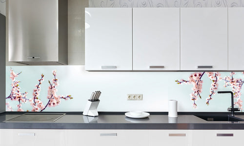 Kuhinjski paneli Cherry pink blossoms - Stekleni / PVC plošče / Pleksi steklo - s tiskom za kuhinjo, Stenske obloge PKU0297 - Life-decor.si