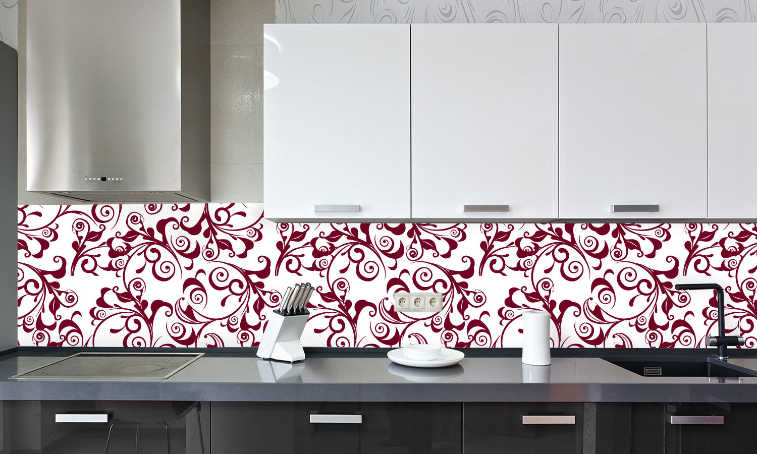 Kuhinjski paneli Red damask - Pleksi steklo - s tiskom za kuhinjo, Stenske obloge PKU0336