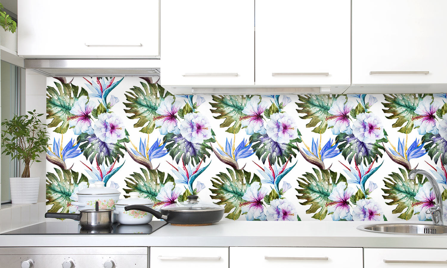 Kuhinjski paneli Watercolor hibiscus patterns - Pleksi steklo - s tiskom za kuhinjo, Stenske obloge PKU0348