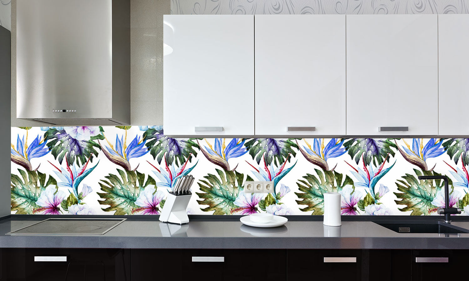 Kuhinjski paneli Watercolor hibiscus patterns - Pleksi steklo - s tiskom za kuhinjo, Stenske obloge PKU0348