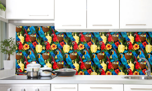 Kuhinjski paneli  Macaw and tropical - Stekleni / PVC plošče / Pleksi steklo - s tiskom za kuhinjo, Stenske obloge PKU0366 - Life-decor.si