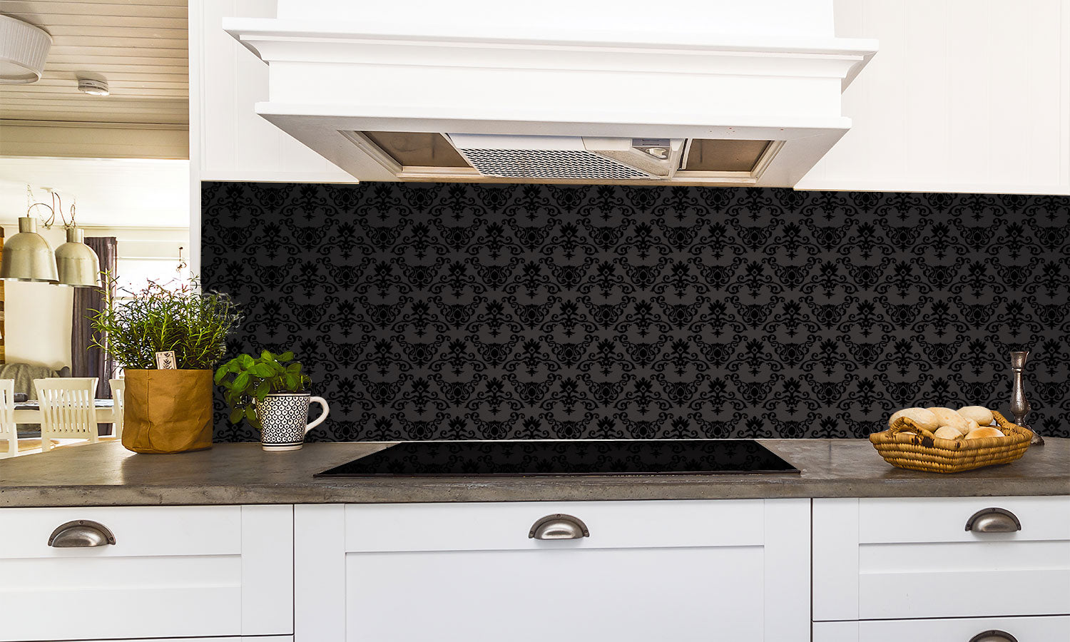 Kuhinjski paneli  Black Seamless floral Pattern - Stekleni / PVC plošče / Pleksi steklo - s tiskom za kuhinjo, Stenske obloge PKU0367 - Life-decor.si