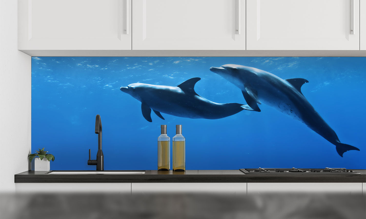 Kuhinjski paneli  Dolphins underwater - Stekleni / PVC plošče / Pleksi steklo - s tiskom za kuhinjo, Stenske obloge PKU0397 - Life-decor.si